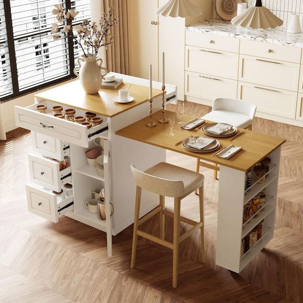 White Wood 73 in. W Kitchen Island with Extendable Dining Table