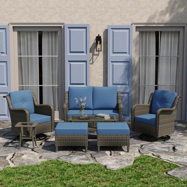 Uixe Taupe 8-Piece Wicker Outdoor Patio Conversation Sofa Set with Swivel Rocking Chairs and Blue Cushions