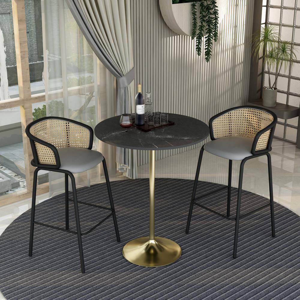 Round Black Marbleized MDF Bar Height Table with Gold Pedestal Base