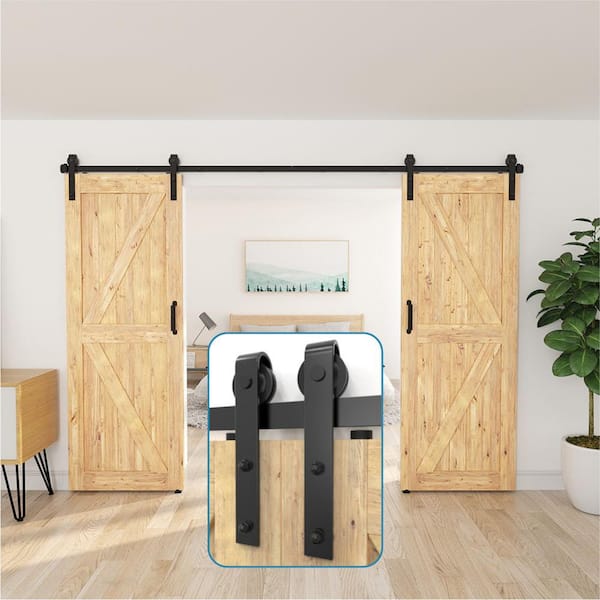 72 in. Frosted Black Sliding Barn Door Hardware Track Kit for Double Doors with Non-Routed Floor Guide