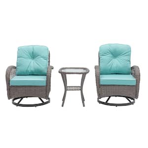 3-Piece Gray Outdoor Wicker Patio Conversation Set with Blue Cushions