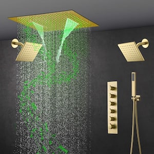 5-Spray Patterns Square Dual Ceiling Mount Shower Head Fixed Shower Head with Handheld in Gold