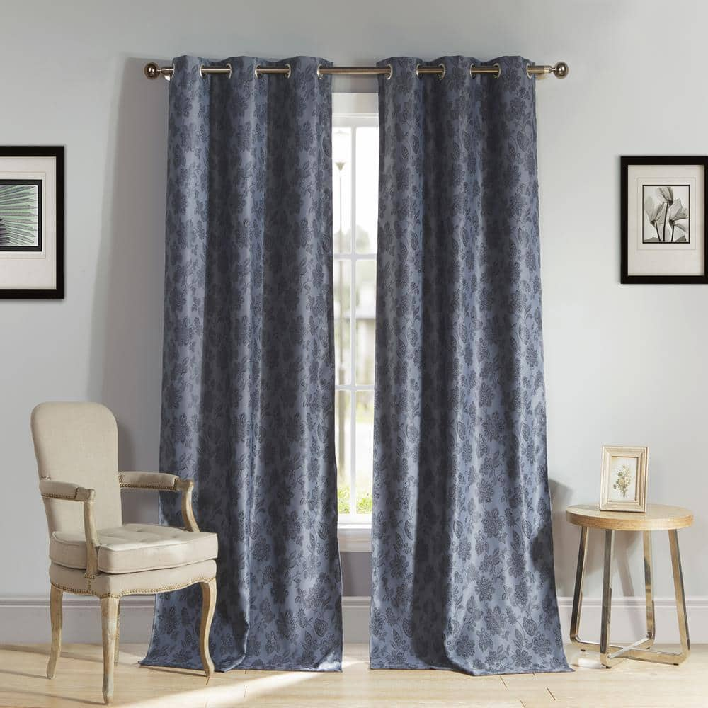 Duck River Slate Blue Floral Thermal Blackout Curtain 54 In W X 84 In L Set Of 2 Aeryn 54846 The Home Depot