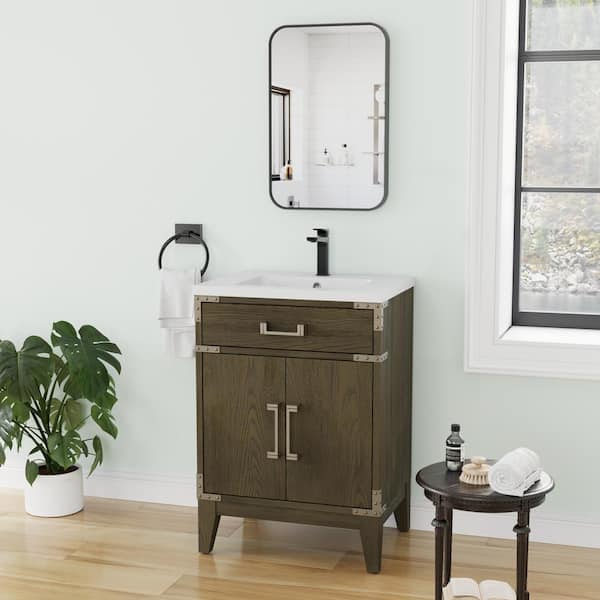 Solid Wood 24 in. Single Sink Freestanding Grey Oak Bath Vanity with White Resin Top (Assembled)