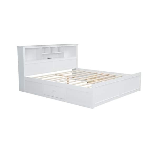 Qualler White Wood Frame King Platform Bed with Multi-storage Headboard and Charging Station
