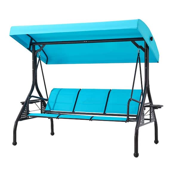 Tenleaf 3-Person Round Tube Metal Patio Swing with Textilene Backrest & 2 Cup Holders, Lake Blue Adjustable Canopy