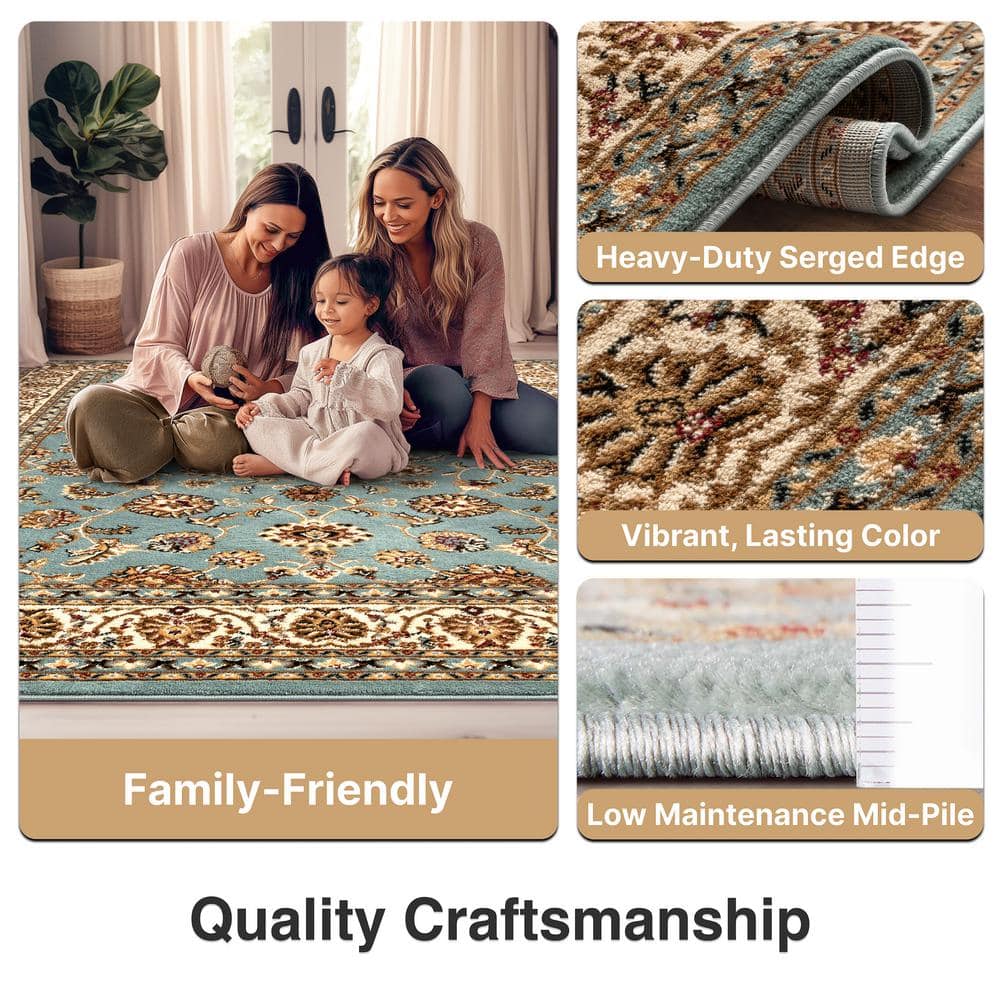 Light Blue and Ivory Synthetic Oriental Area Rug 5'3" x 7'3"