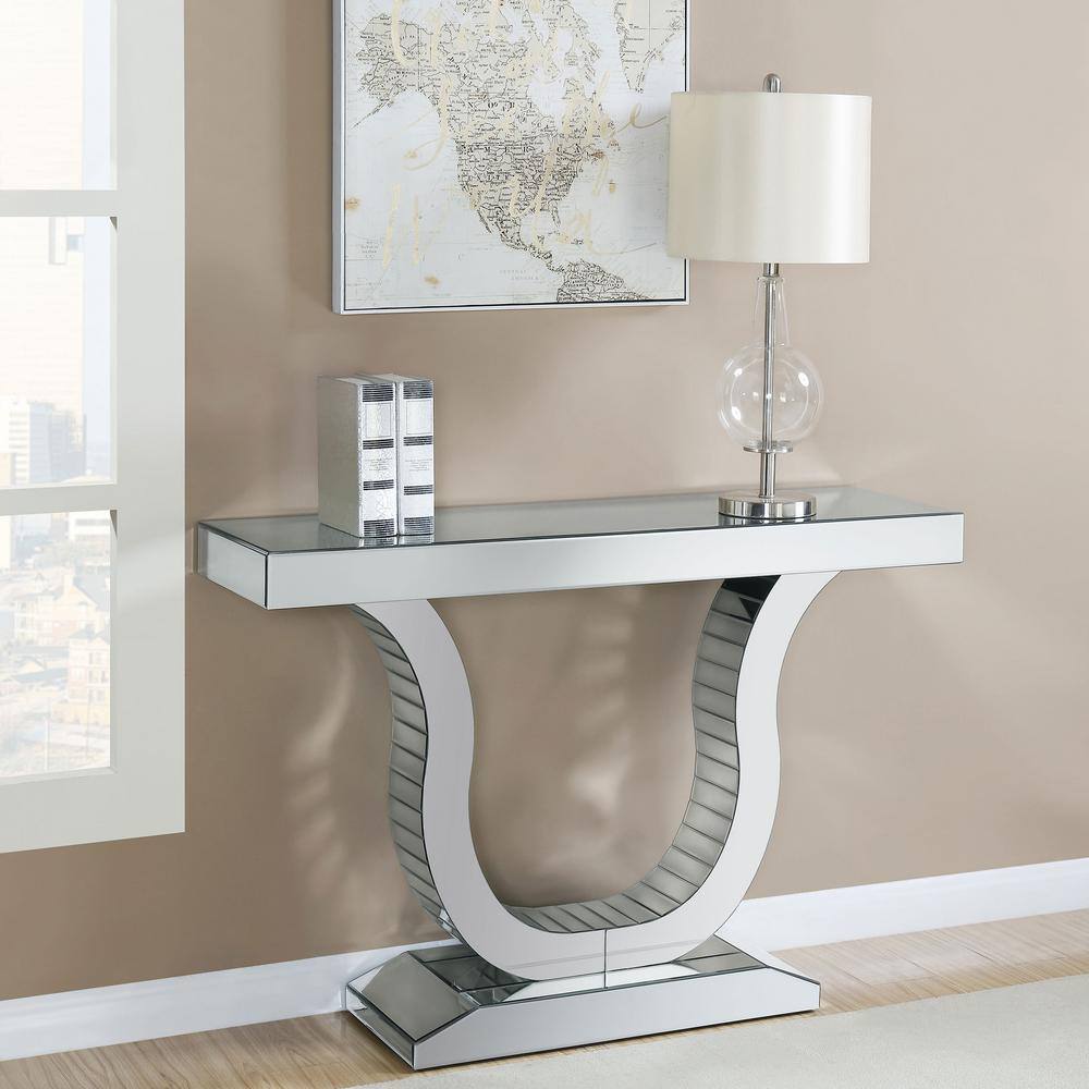 Sleek Silver U-Shaped Metal and Glass Console Table with Mirror Finish