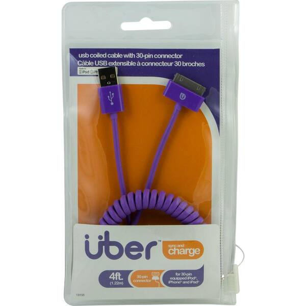 Uber 4 ft. USB Apple 30 Pin Sync Charge Coil Cable - Purple