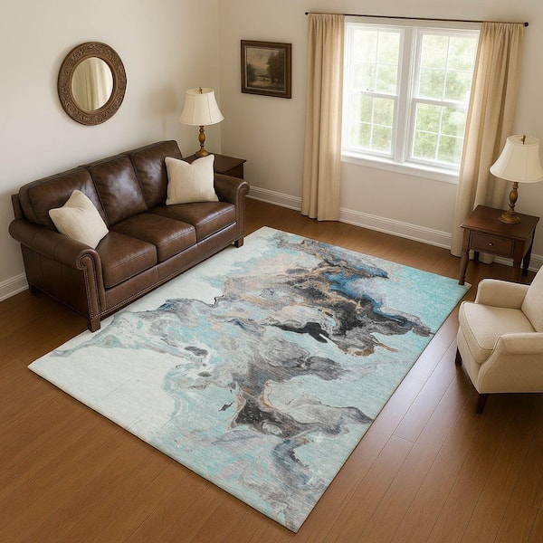 Mayfield Premium Machine Washable Abstract AMF1688 Teal 9 ft. x 12 ft. Area Rug
