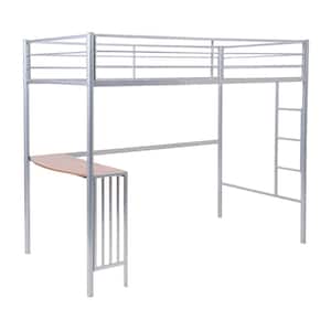 Twin Metal Silver Bunk Bed with Desk Ladder and Guardrails Loft Bed for Bedroom