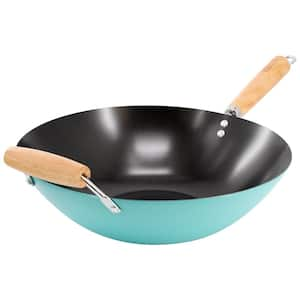 Clarkston 14 in. Nonstick Carbon Steel Wok with Wooden Handle in Teal