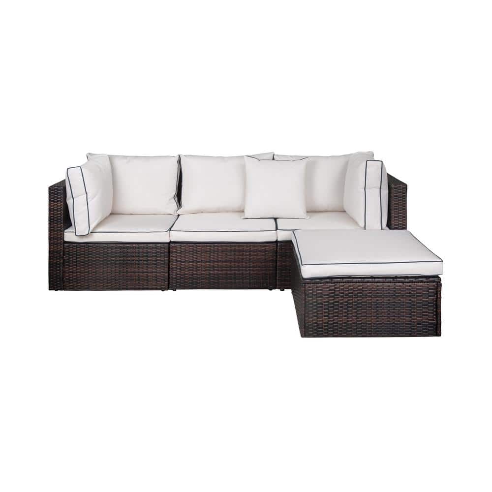 York 4-Piece Brown Wicker Outdoor Sectional Sofa with White Cushions