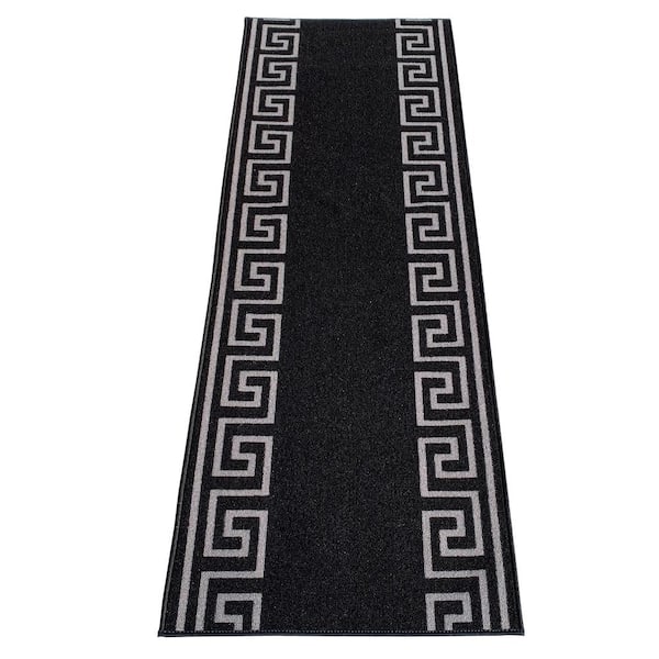PLAYA RUG Greek Key Black and Silver 26 in. Width x Your Choice Length Custom Size Roll Runner Rug/Stair Runner