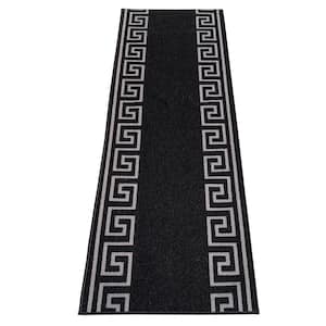Greek Key Black and Silver 31 in. Width x Your Choice Length Custom Size Roll Runner Rug/Stair Runner