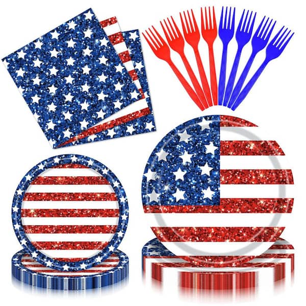 100 Piece Patriotic 4th of July Disposable Tableware Set with Glitter American Flag Plates Napkins and Forks