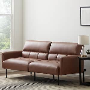 Brown Faux Leather Futon Sofa Bed with Box Tufting