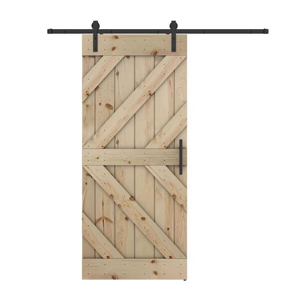 Dessliy Triple KL 42 in. x 84 in. Unfinished Pine Wood Sliding Barn Door with Hardware Kit (DIY)
