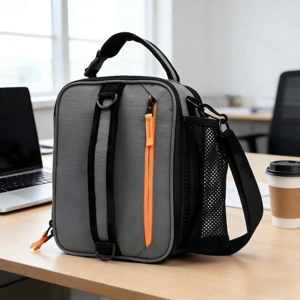 Versatile Grey Reusable Lunch Bag - Insulated Tote with Shoulder Strap and Water Bottle Holder for Work and Travel