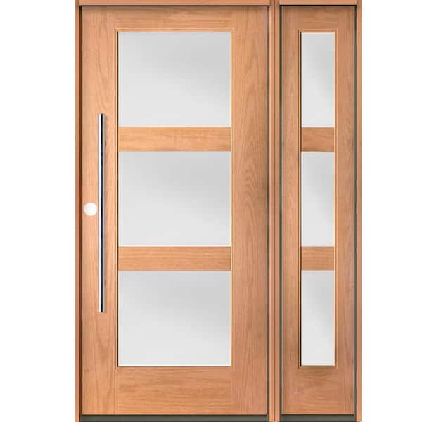 Krosswood Doors Modern Faux Pivot 50 in. x 80 in. 3-Lite Right-Hand/Inswing Satin Glass Teak Stain Fiberglass Prehung Front Door w/RSL