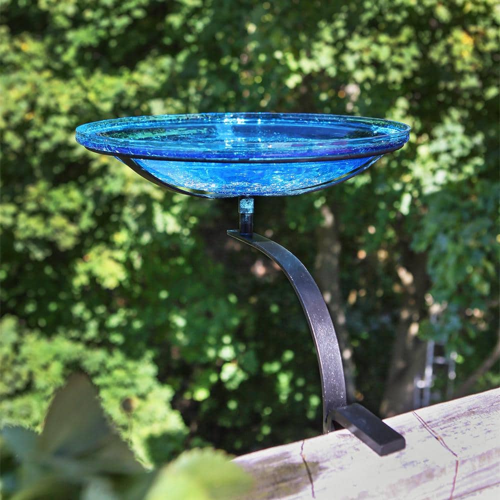 Teal Crackle Glass Birdbath Bowl with Rail Mount Bracket