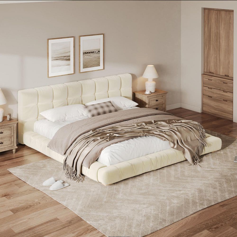Channel Tufted Low Profile Beige Wood Frame King Size Velvet Upholstered Platform Bed with Support Legs price history on PriceWatchPro