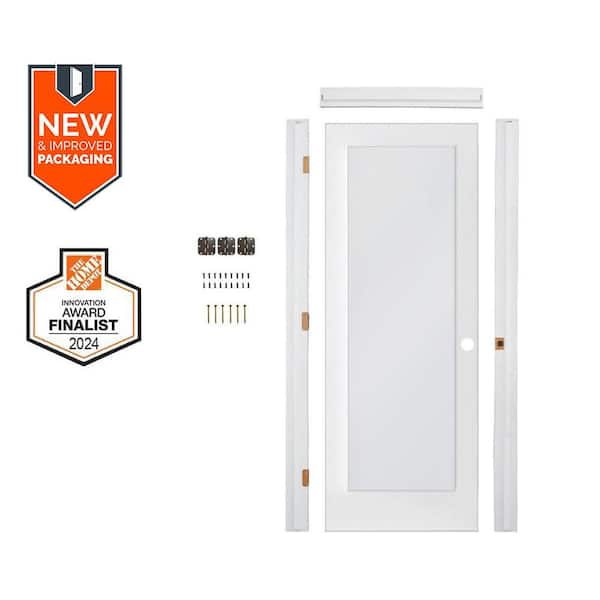 24in. x80in. 1-Lite Left-Hand Frosted Glass MDF Primed Single Assembly Required Interior Door Kit w/ Quick Assemble Jamb