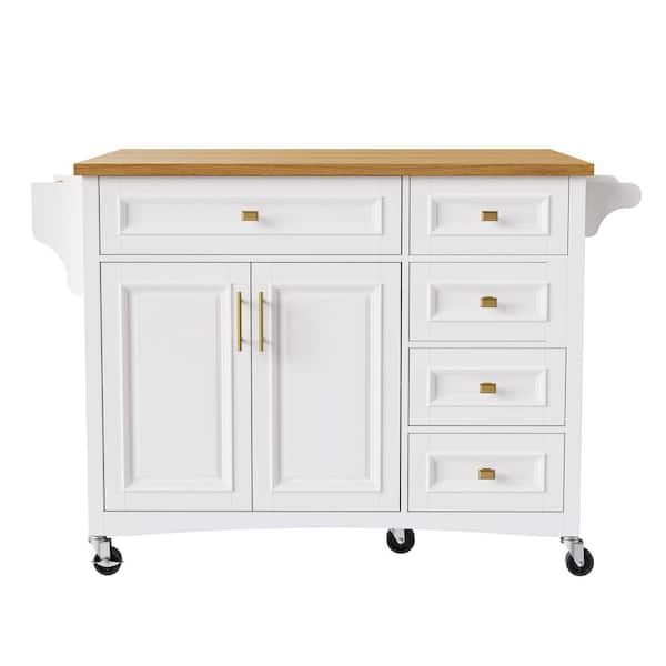 White Wood 52 in. Kitchen Island with 2 Doors and 5 Drawers Adjustable Shelf for Kitchen