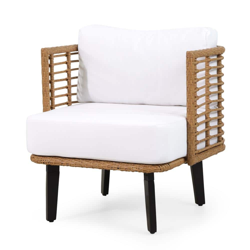 Light Brown Wicker Outdoor Club Chair with White Cushions, Set of 2