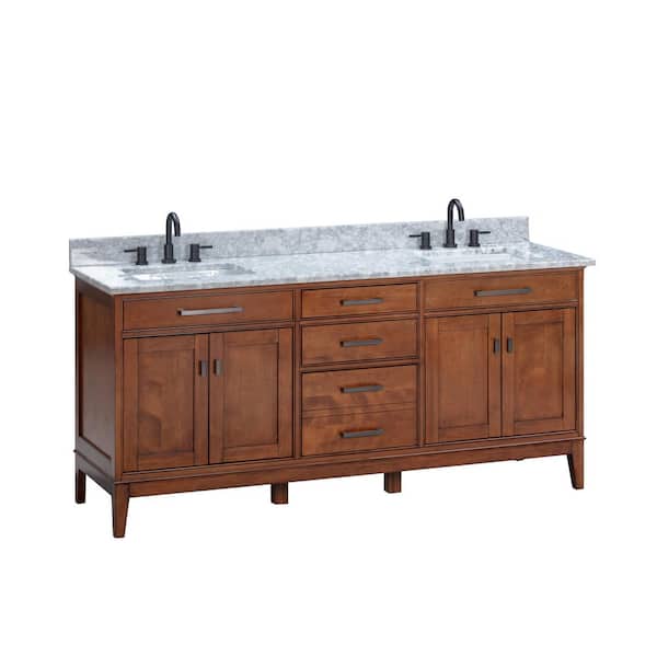 Madison 73 in. Double Sink Tobacco Bath Vanity with Carrara White Marble Top