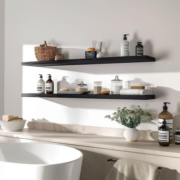 48 in. W x 6 in. D Wood Floating Shelves, Wall Shelves, Decorative Wall Shelf, (Set of 4) Black