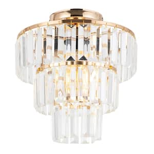 10.62 in. 1-Light Gold Modern 3-Layer Crystal Semi-Flush Mount Ceiling-Light for Kitchen Hallway with No Bulbs Included