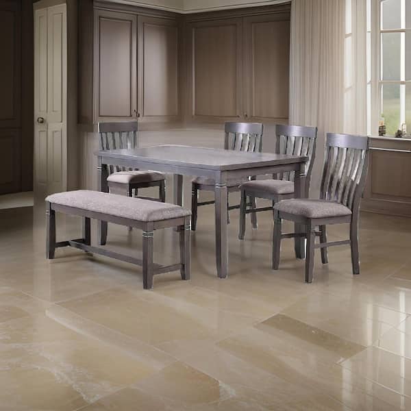 Benjara Dining Set 6-Piece Rectangular Gray Fabric Wood Top Dining Room Set with Bench Seats 4