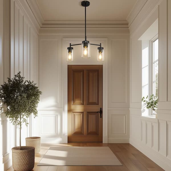 3-Light Matte Black Candelabra Chandelier with Clear Glass Shade and E26 Base for Dining Room or Foyer No Bulbs Included