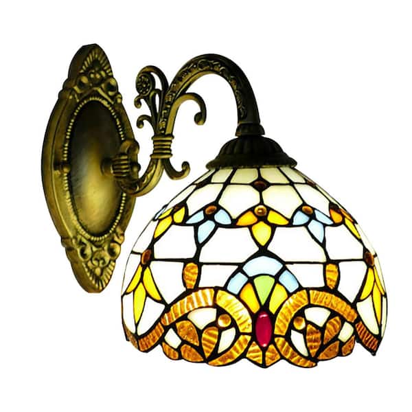 OUKANING 7.9 in. 1-Light Bronze Retro Tiffany Style Wall Sconce with Stained Glass Shades for Hallway Bedroom Living Room Decor