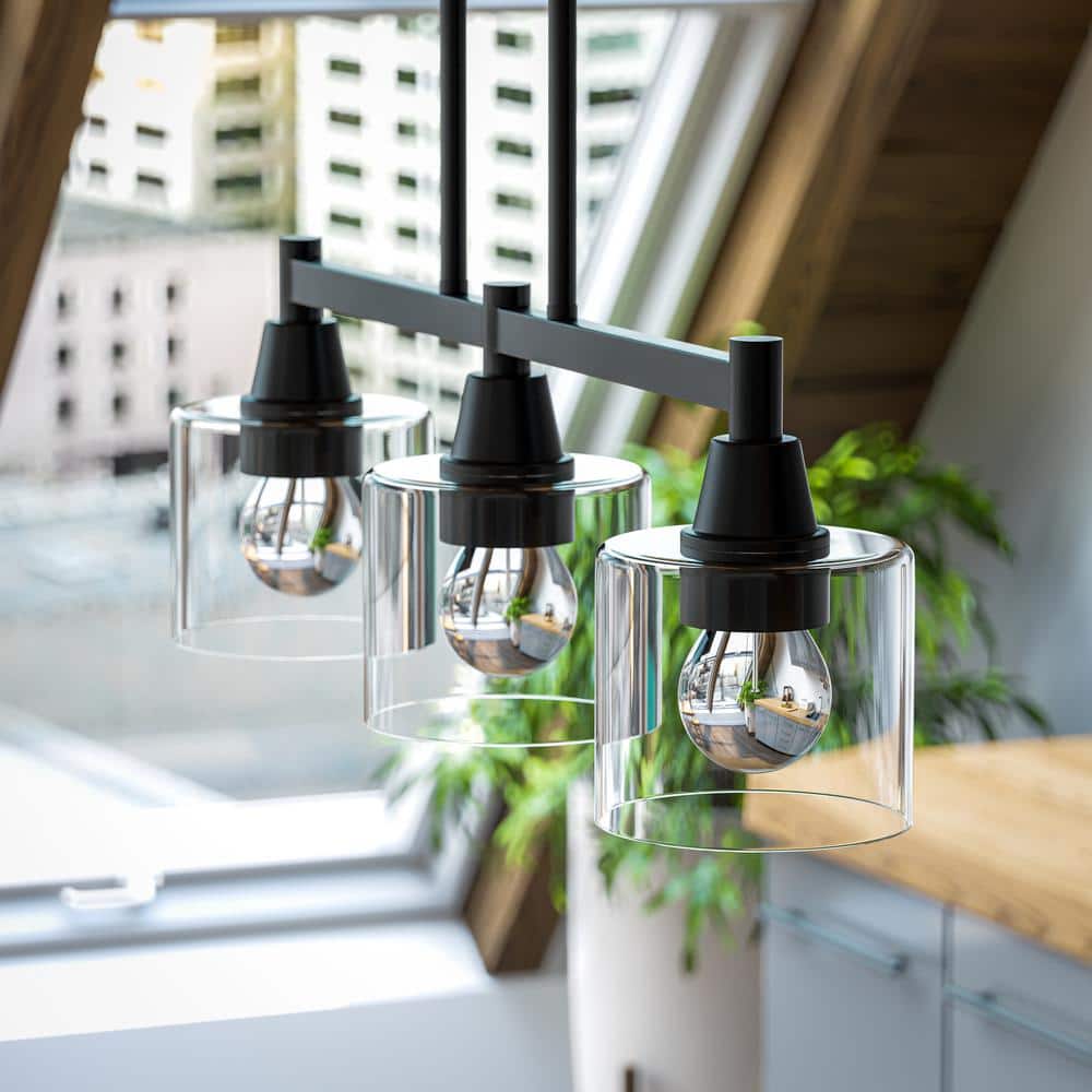 Matte Black Glass 3-Light Linear Island Pendant