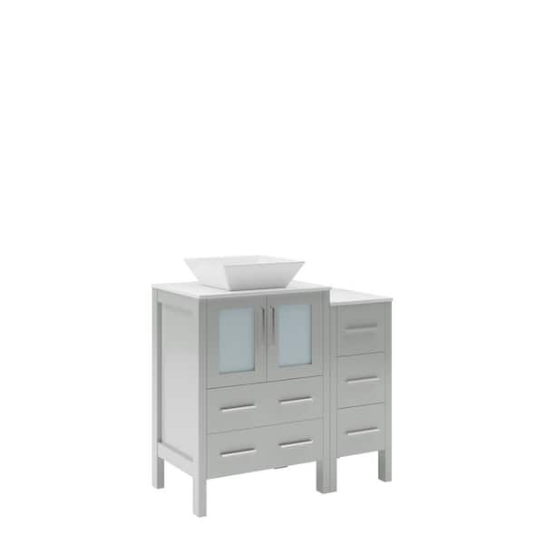 Fresca Torino 36 in. Bath Vanity in Gray with Glass Stone Vanity Top in White with White Vessel Sink and Side Cabinet