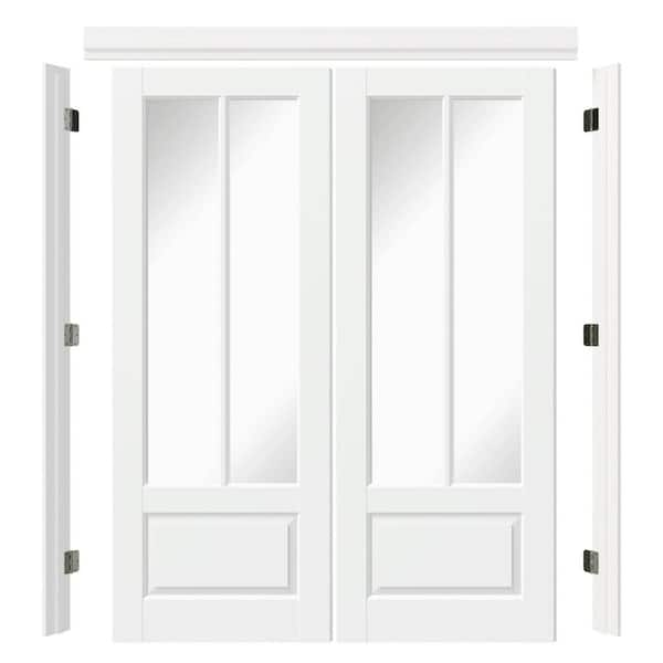 60 in. x 80 in. 2-Lite Mirrored Glass White Primed Pine Wood Universal Pre-Hung French Door with Quick Assemble Jamb