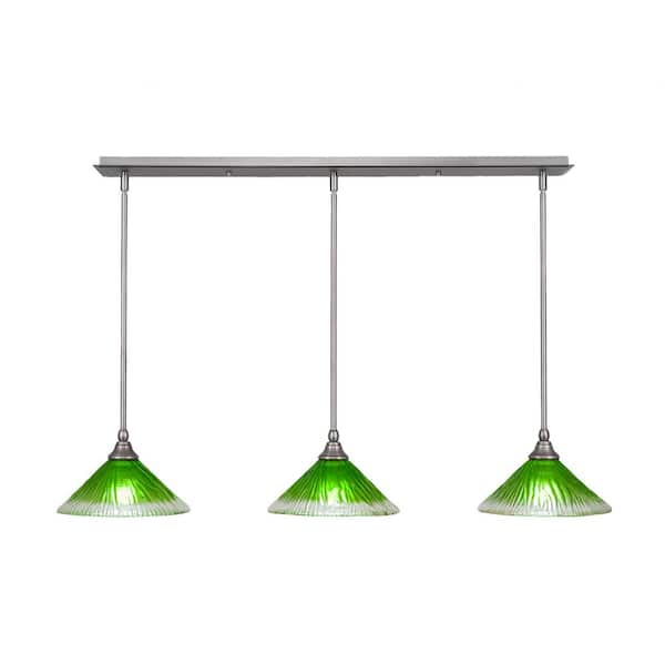 Unbranded Livingston 100-Watt 3 Light Nickel, Linear Pendant Light with 10 in. Green Crystal Glass Shades No Bulbs Included