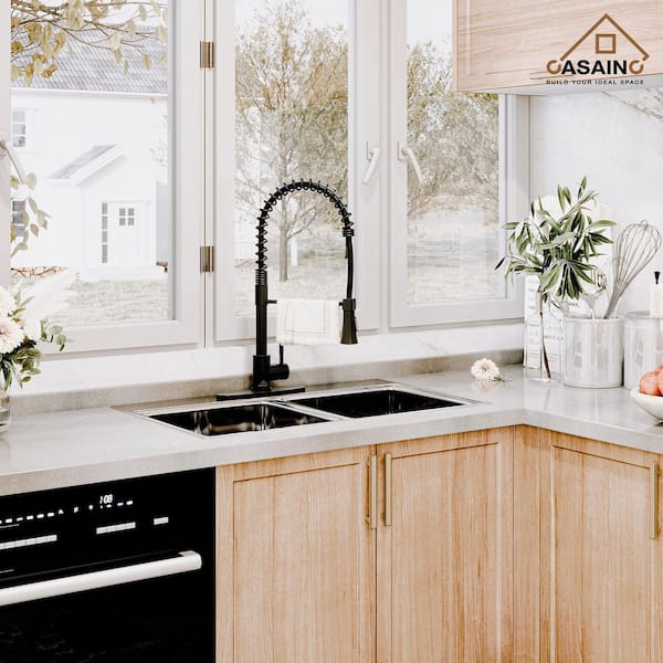 Single-Handle Spring Standard Kitchen Faucet with Dual Function Sprayhead and Deckplate Included in Matte Black