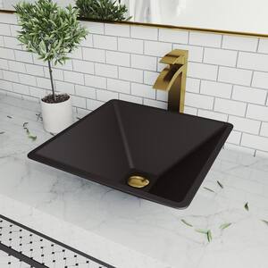 Matte Shell Serato Glass Square Vessel Bathroom Sink in Black with Duris Faucet and Pop-Up Drain in Matte Gold