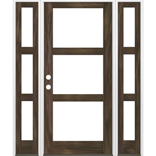 Krosswood Doors 70 in. x 96 in. Modern Hemlock Right-Hand/Inswing 3-Lite Clear Glass Black Stain Wood Prehung Front Door with Sidelites