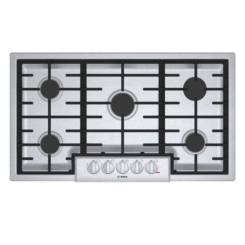 Bosch 800 Series 36 in. Gas Cooktop in Stainless Steel with 5 Burners including 19,000 BTU Burner, Silver