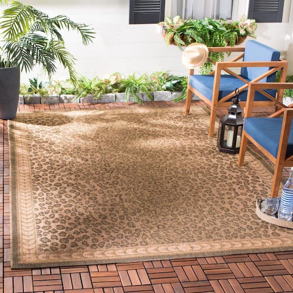 Courtyard Natural/Gold 4 ft. x 4 ft. Border Cheetah Indoor/Outdoor Square Area Rug