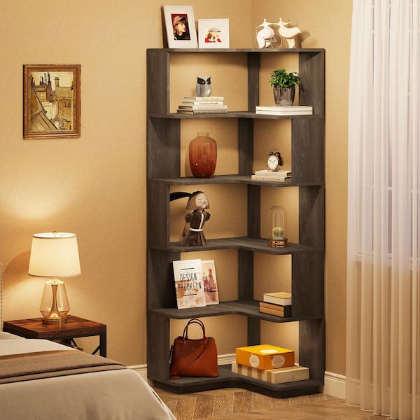 Eula 65 in. Tall Gray Wood 6-Shelf Etagere Standard Farmhouse Corner Bookcase Home Office Display Organizer