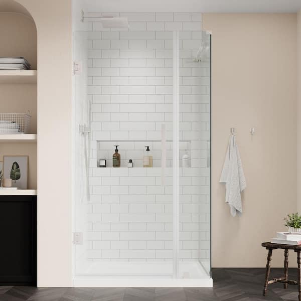 Tampa-Pro 36 in. L x 36 in. W x 75 in. H Corner Shower Kit w/Pivot Frameless Shower Door in Satin Nickel and Shower Pan
