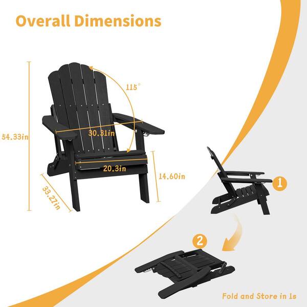 Kadehome 1-piece Folding Plastic Outdoor Adirondack Chair in Black