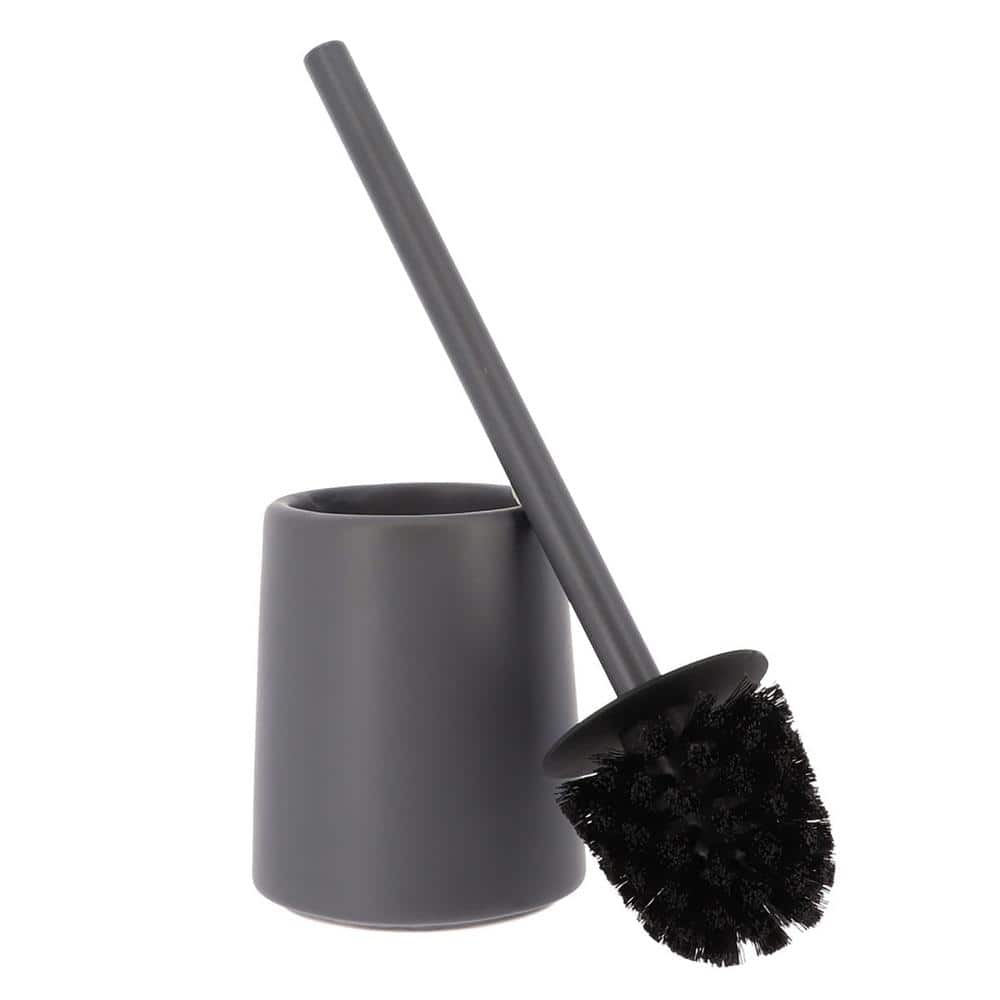 Gray Stoneware Toilet Brush and Holder with Metallic Handle