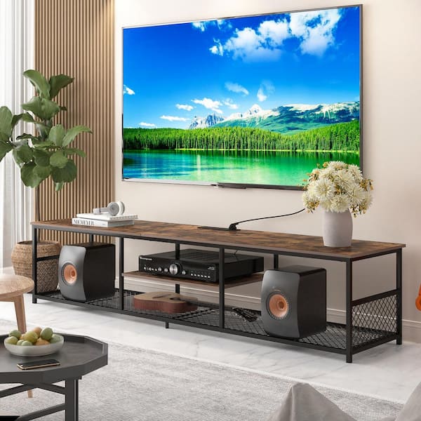 NEW 3 Tier Modern TV Stand for TV up to 65 Inch outlet with Power Outlet, Rustic Brown