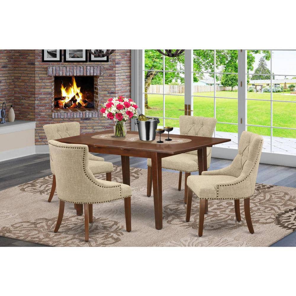 5-Piece Mahogany Finish Solid Wood Top - Rectangular Dining Room Set with Butterfly Leaf - Seats 4